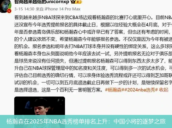 杨瀚森在2025年NBA选秀榜单排名上升：中国小将的逐梦之旅